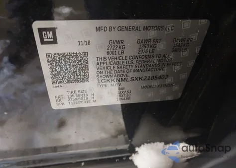 2019 GMC Acadia Slt-1 из США, поврежденный, VIN 1GKKNMLSXKZ185403